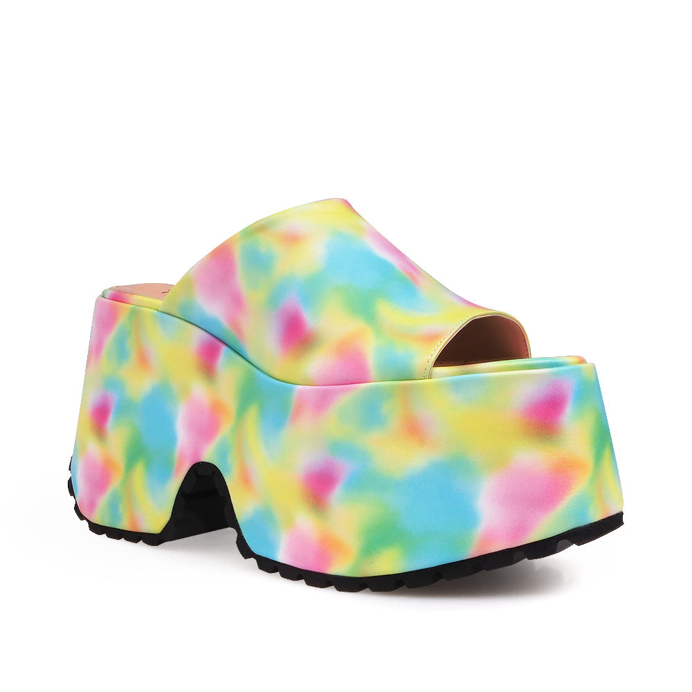 Platforms in multi-color with an open toe and a slip-on style - corner view