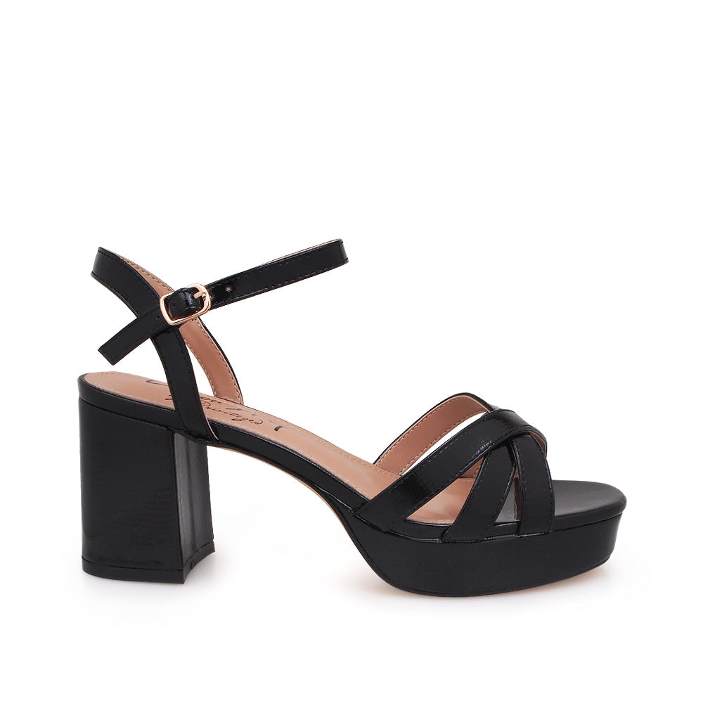 Black block heels sandals with ankle buckle closure - side view