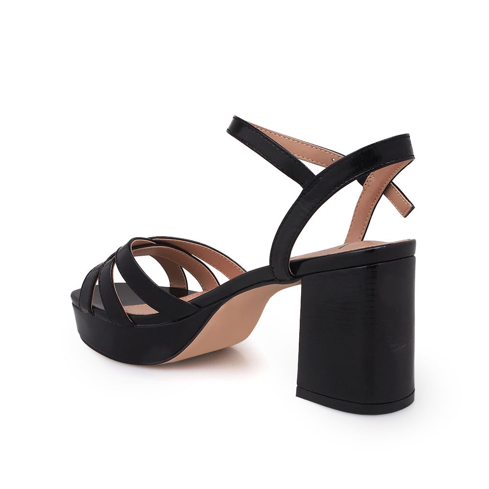 Black block heels sandals with ankle buckle closure  -  back view 