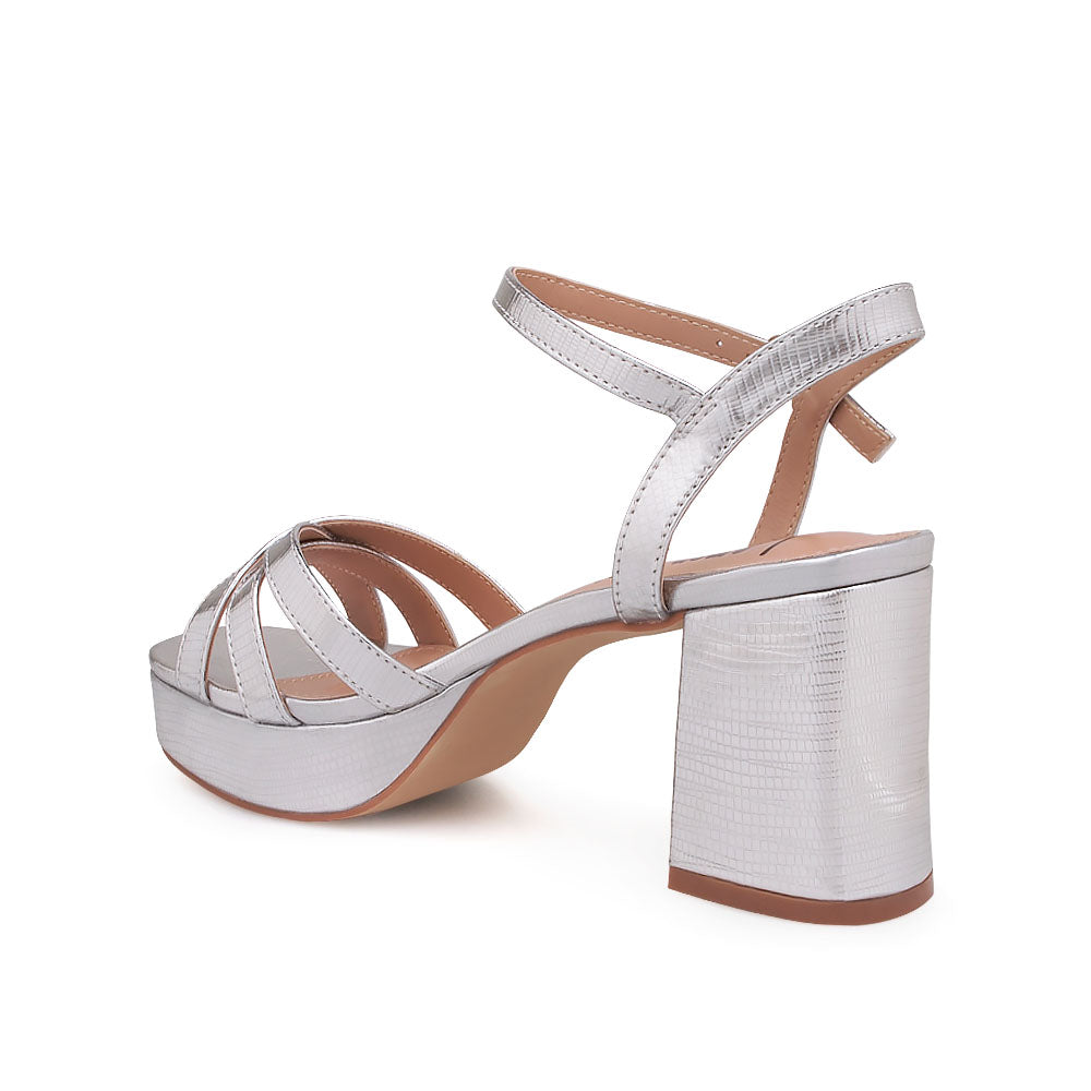 Silver block heels sandals with ankle buckle closure - back view