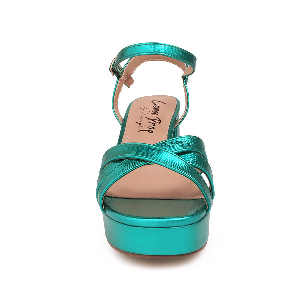 Teal block heels sandals with ankle buckle closure  - front view