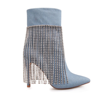 Denim colored pointy toe ankle boots with stiletto heels and rhinestone fringe design - side view 
