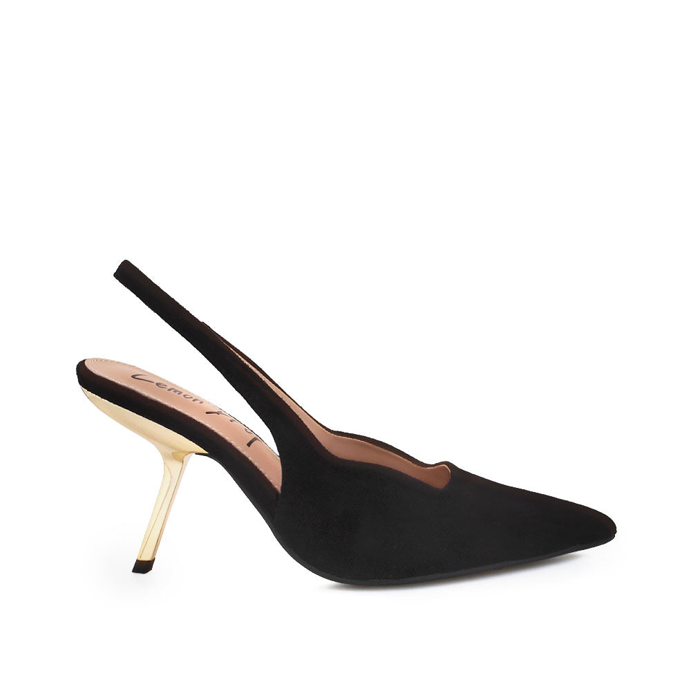 Black colored stiletto heels with pointed toe and ankle buckle closure - side view