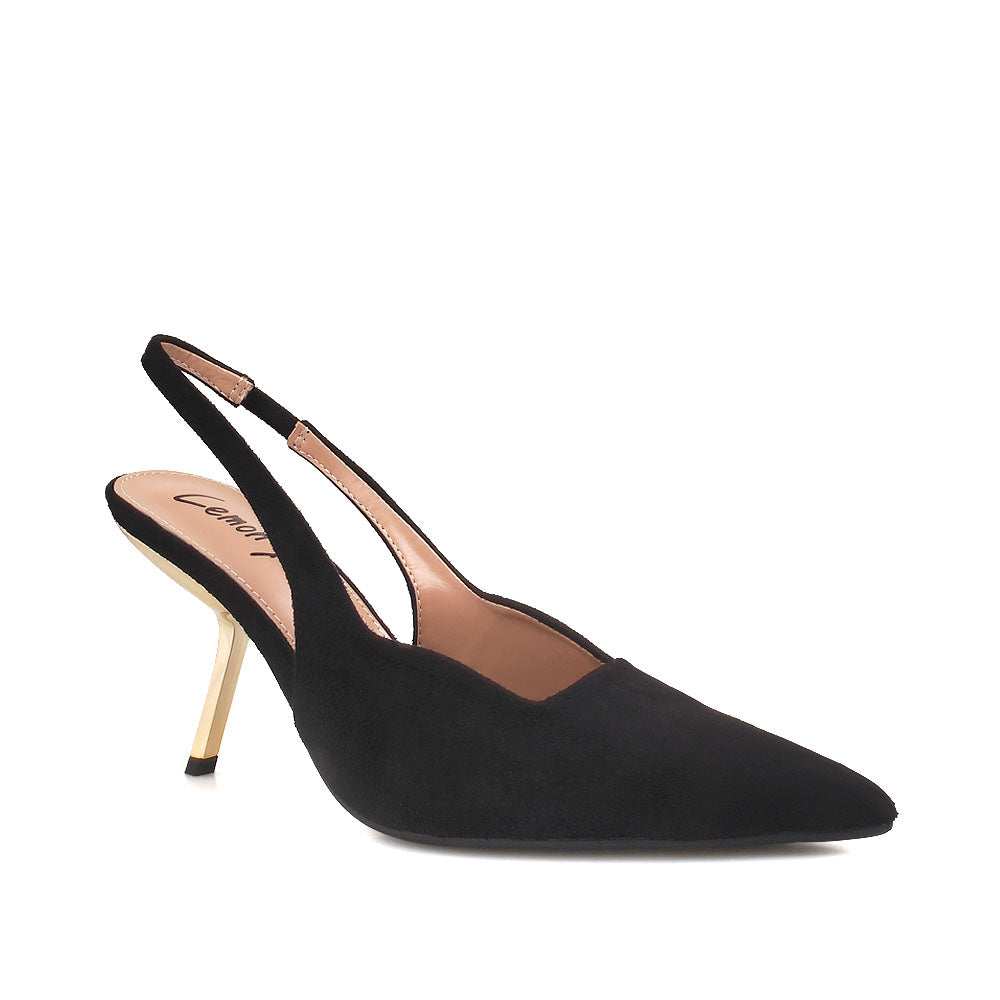 Black colored stiletto heels with pointed toe and ankle buckle closure - corner view