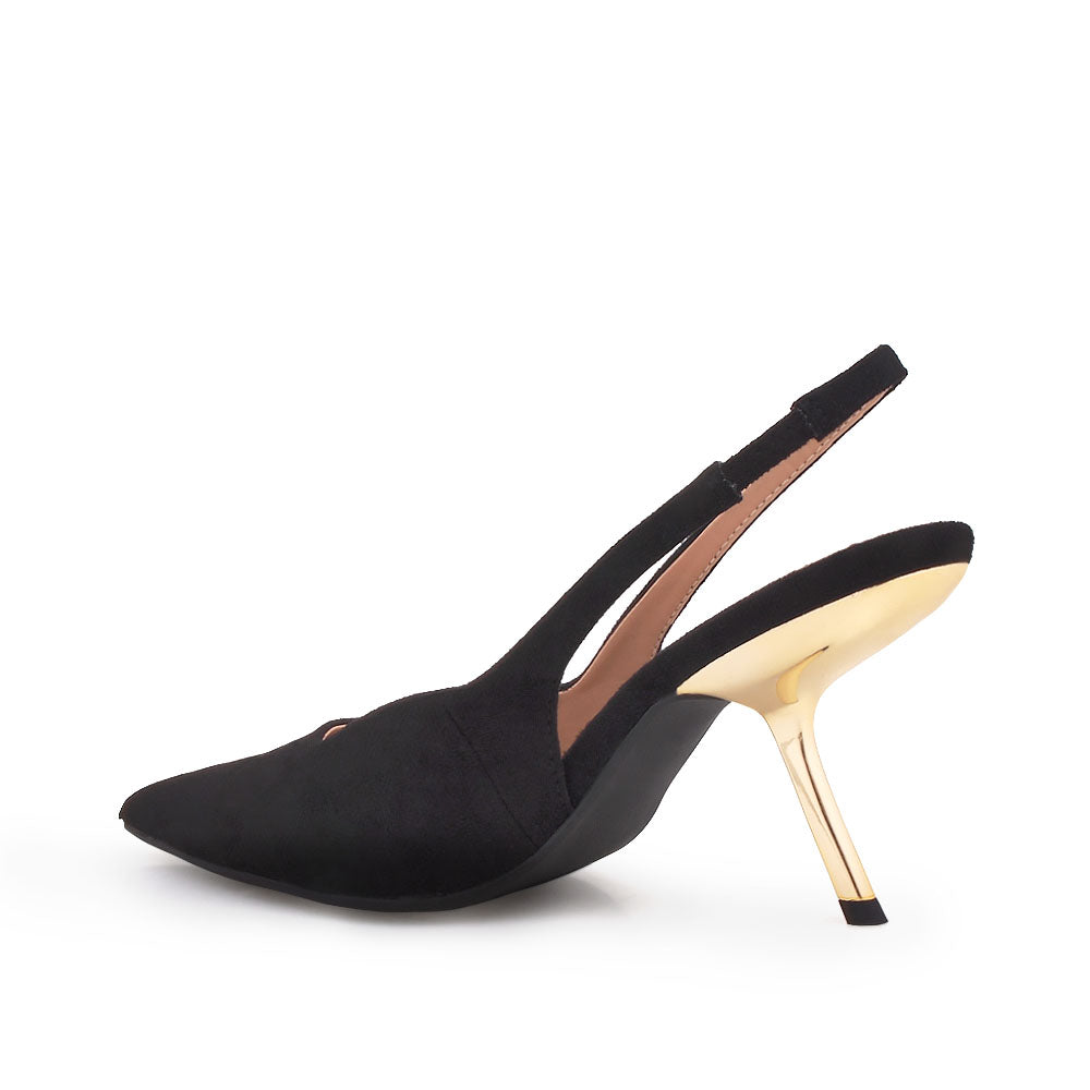 Black colored stiletto heels with pointed toe and ankle buckle closure - back view