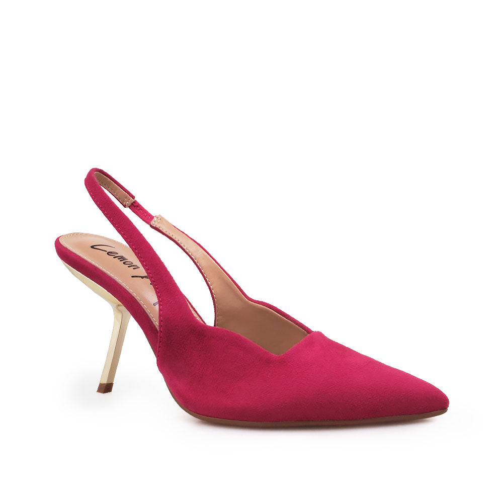 Fuchsia colored stiletto heels with pointed toe and ankle buckle closure - corner view