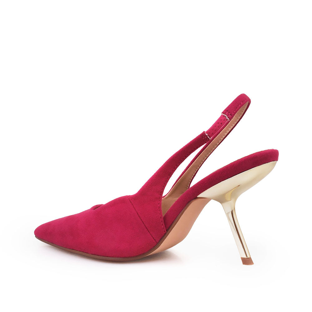 Fuchsia colored stiletto heels with pointed toe and ankle buckle closure - back view