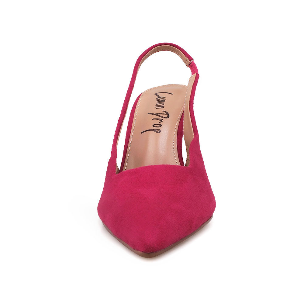 Fuchsia colored stiletto heels with pointed toe and ankle buckle closure - front view