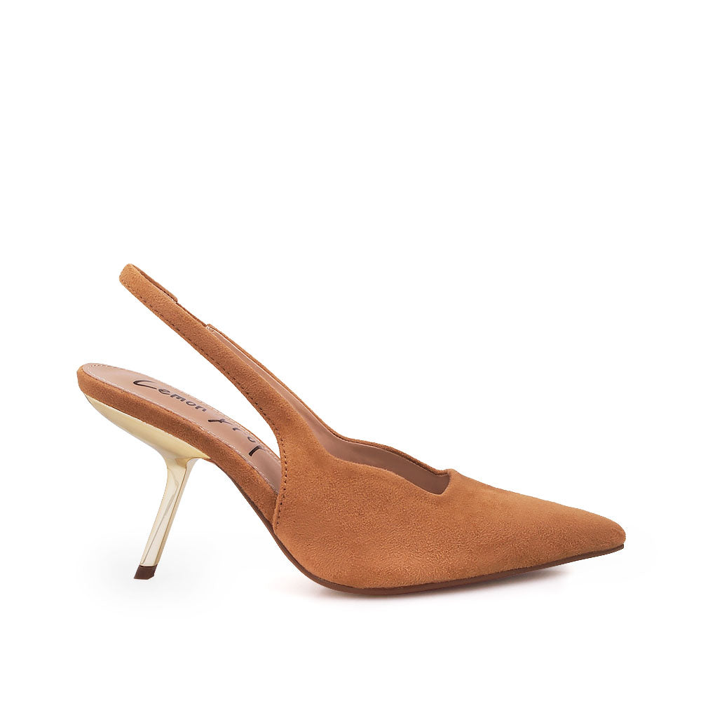 Tan colored stiletto heels with pointed toe and ankle buckle closure - side view