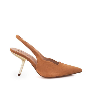 Tan colored stiletto heels with pointed toe and ankle buckle closure - side view