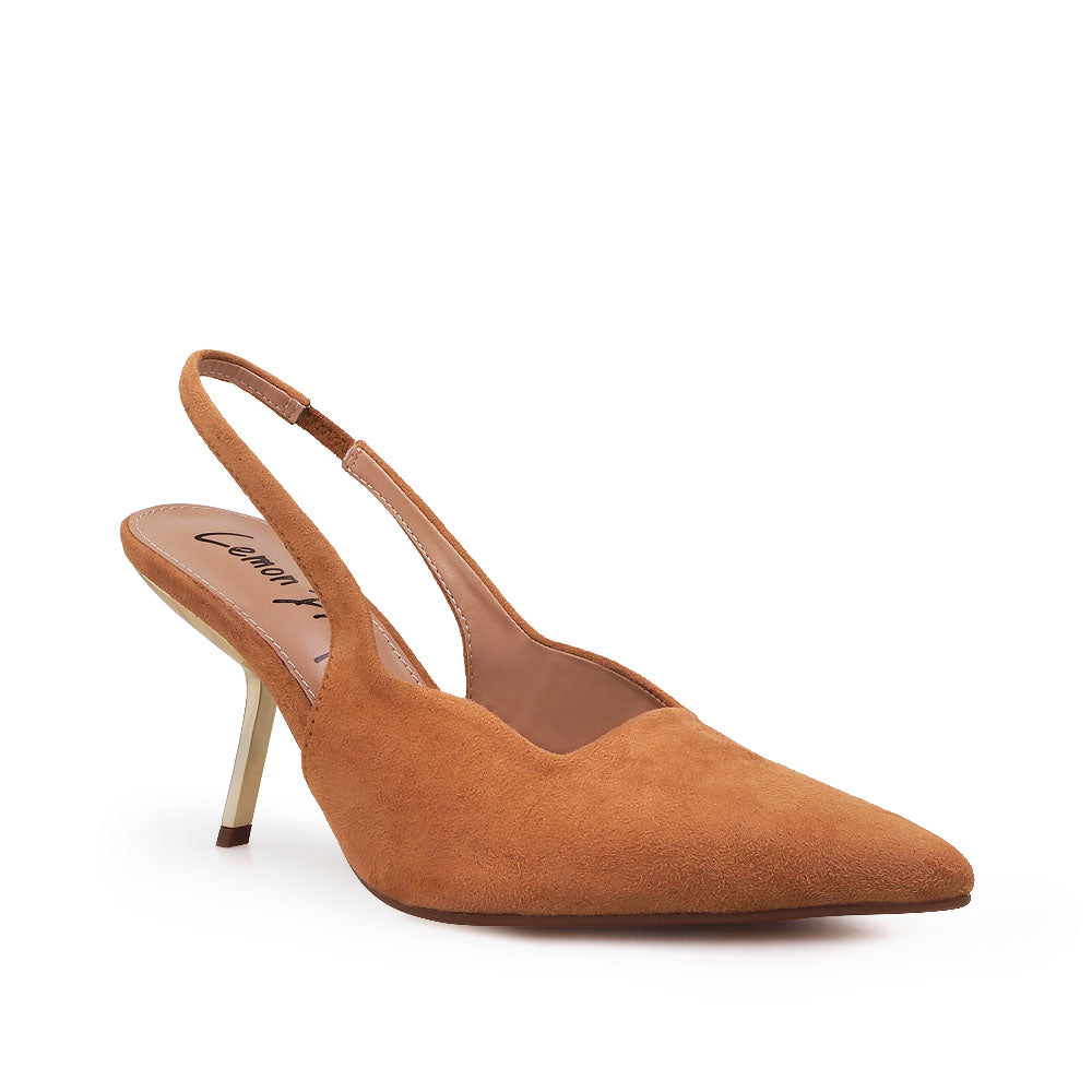 Tan colored stiletto heels with pointed toe and ankle buckle closure - corner view