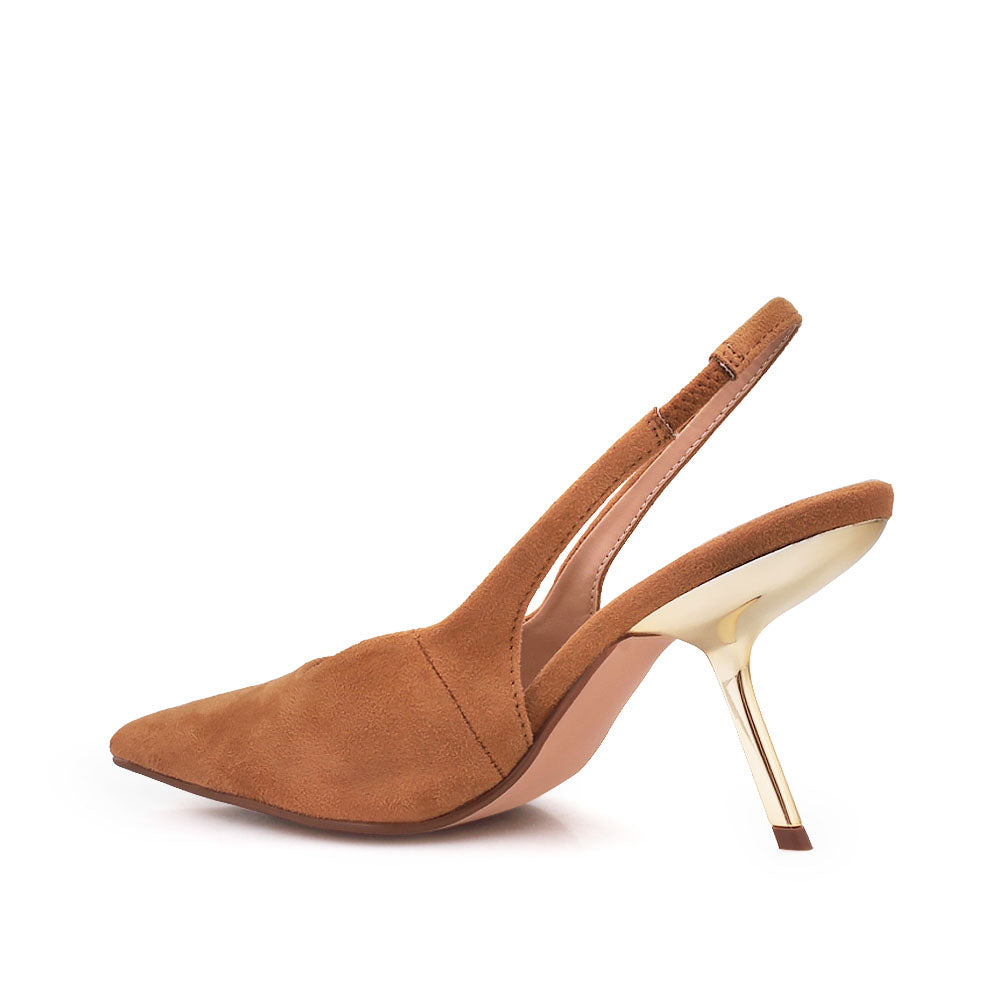 Tan colored stiletto heels with pointed toe and ankle buckle closure - back view