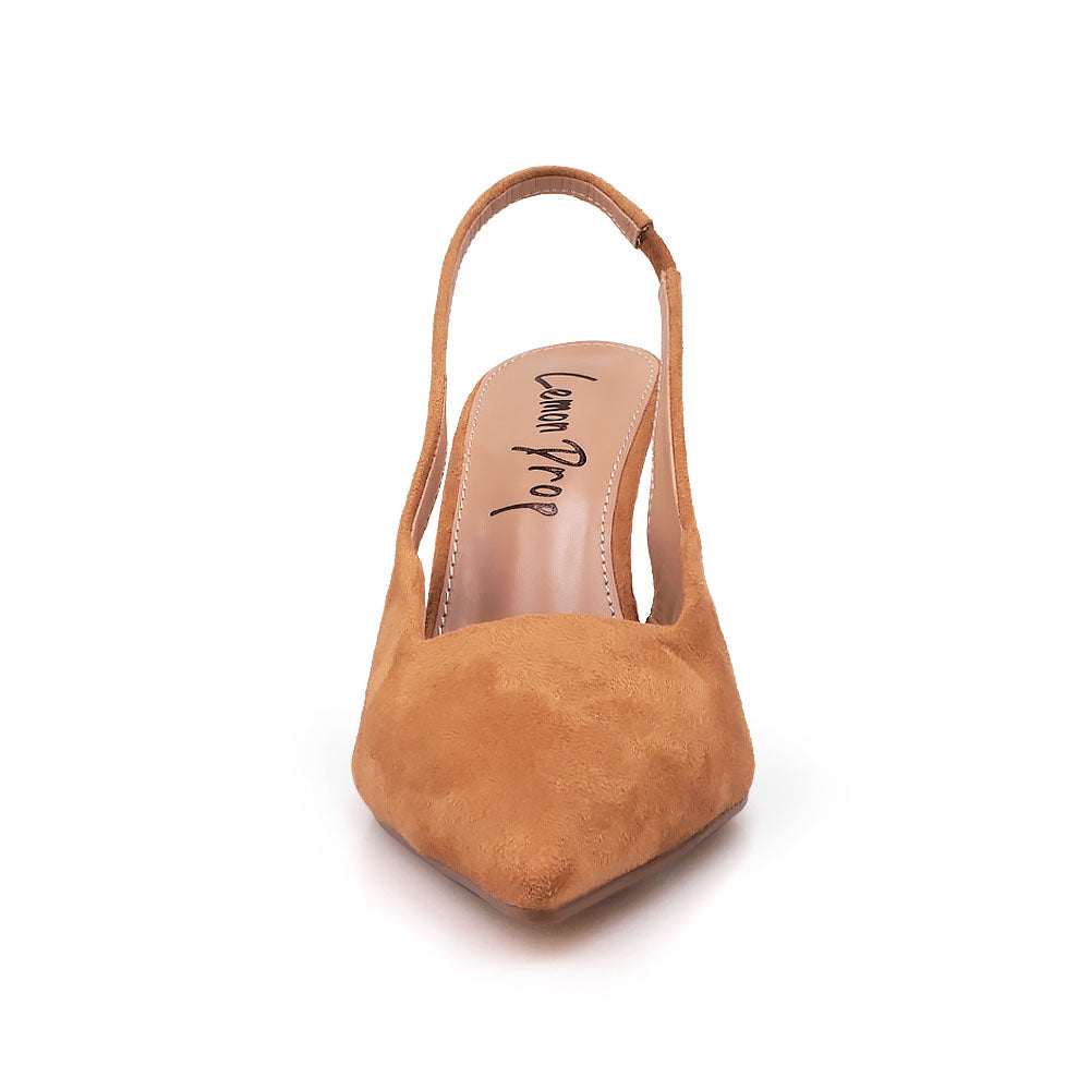 Tan colored stiletto heels with pointed toe and ankle buckle closure - front view