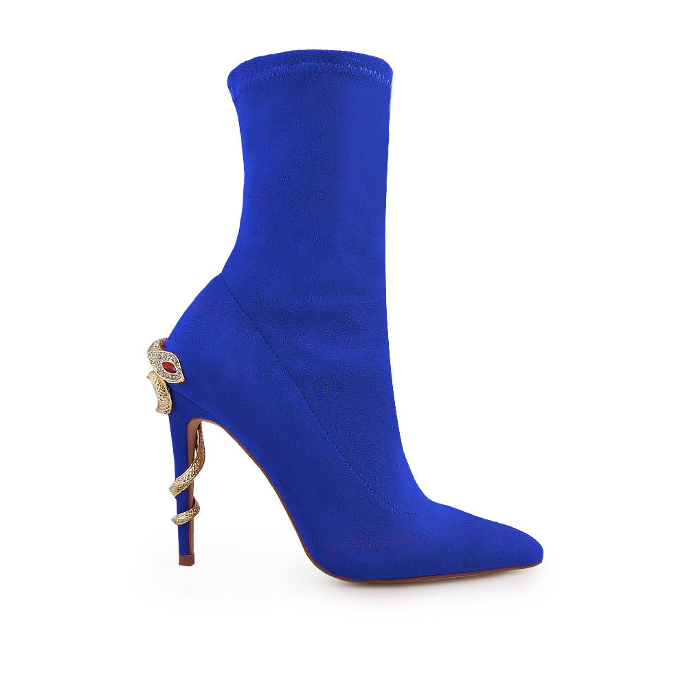 Blue pointed toe stiletto heels boots with snake design on heels - side view 