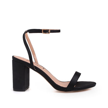 Open toe block heel sandals with ankle buckle closure in black color - side view