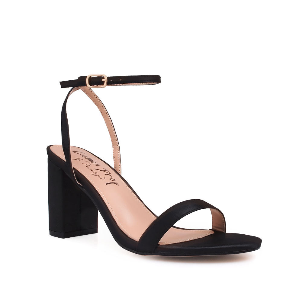 Open toe block heel sandals with ankle buckle closure in black color - corner view