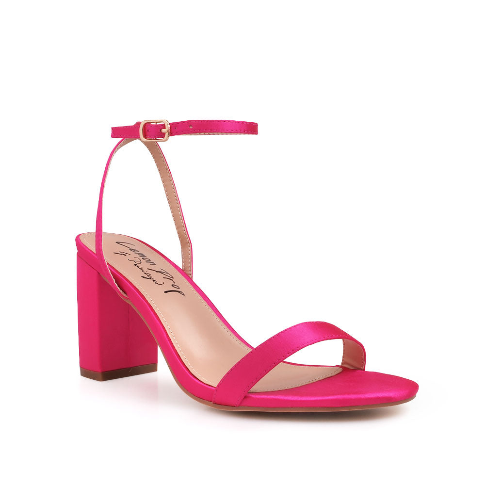 Open toe block heel sandals with ankle buckle closure in fuchsia color - corner view