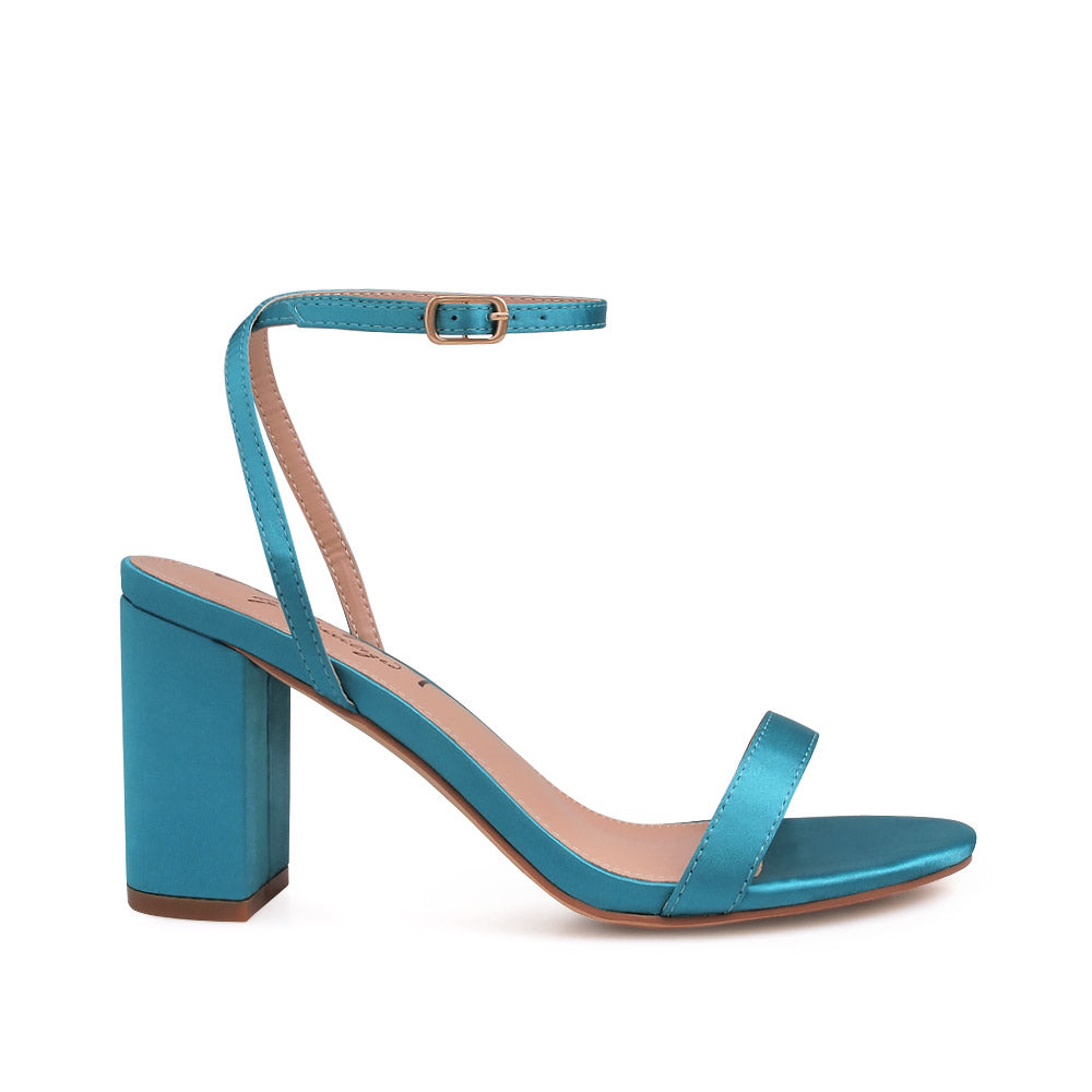 Open toe block heel sandals with ankle buckle closure in teal color - side view