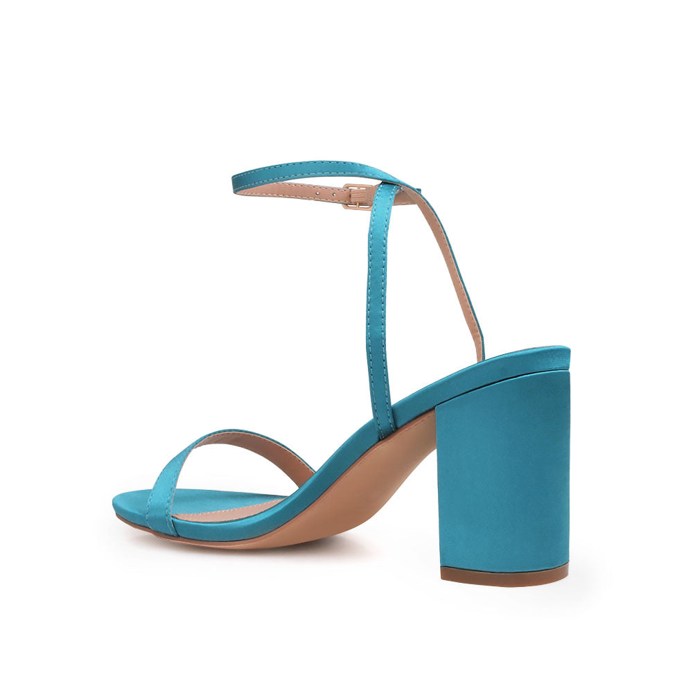 Open toe block heel sandals with ankle buckle closure in teal color - back view