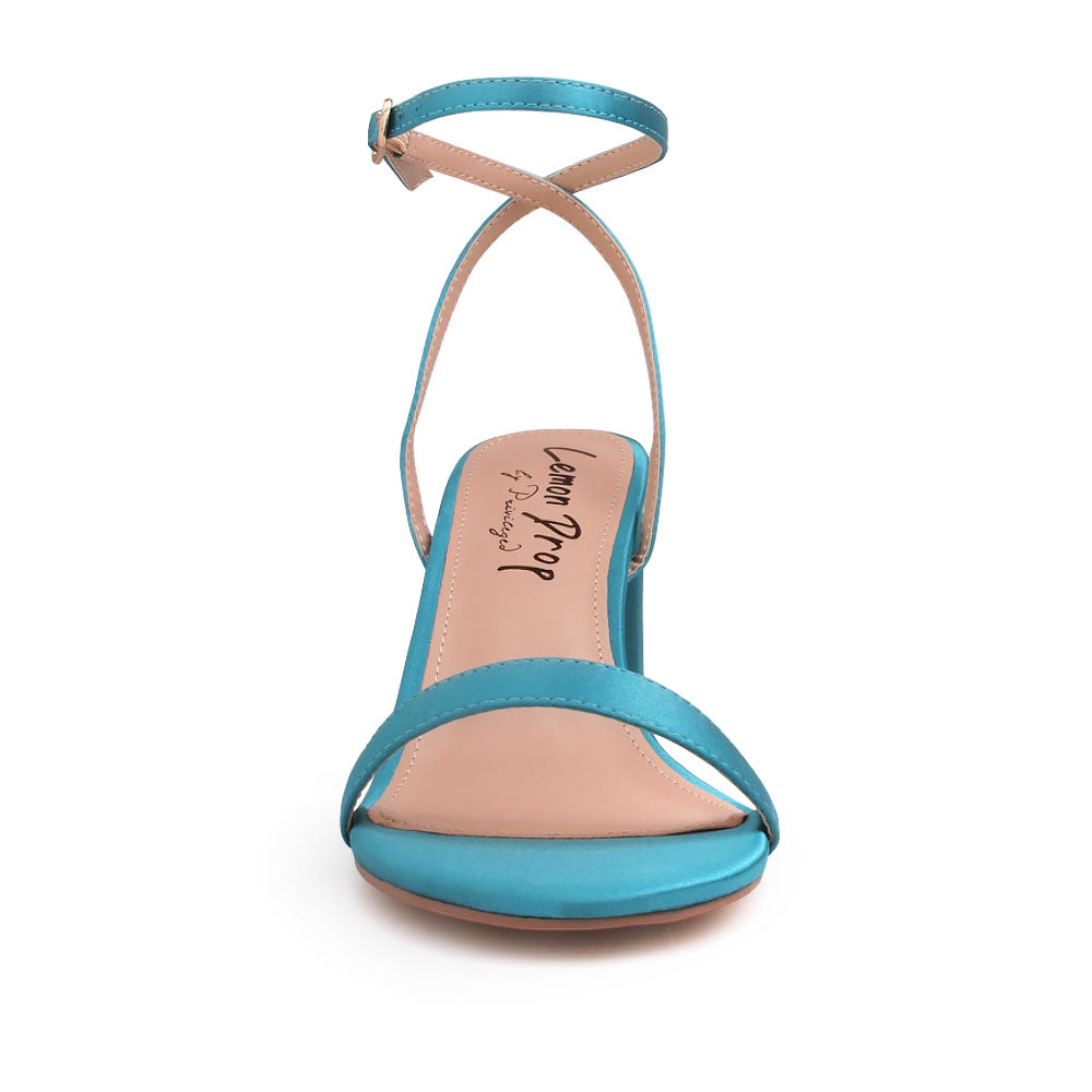 Open toe block heel sandals with ankle buckle closure in teal color - front view