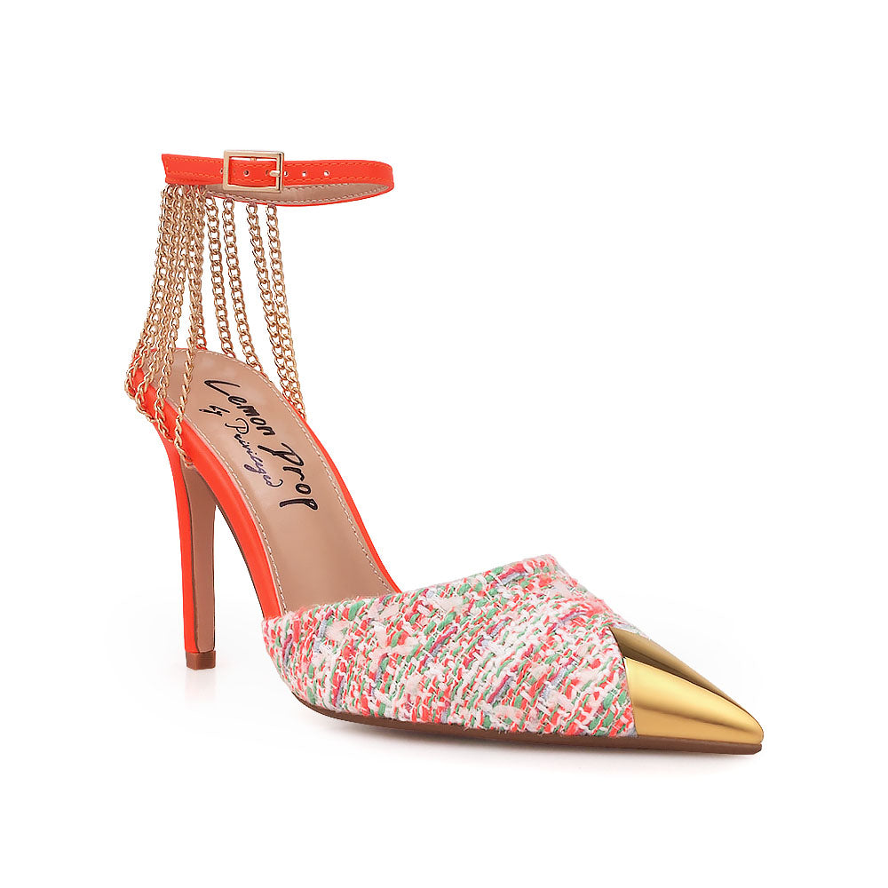 Coral stiletto heels with gold chain accents, multi-colored upper and ankle buckle closure - corner view