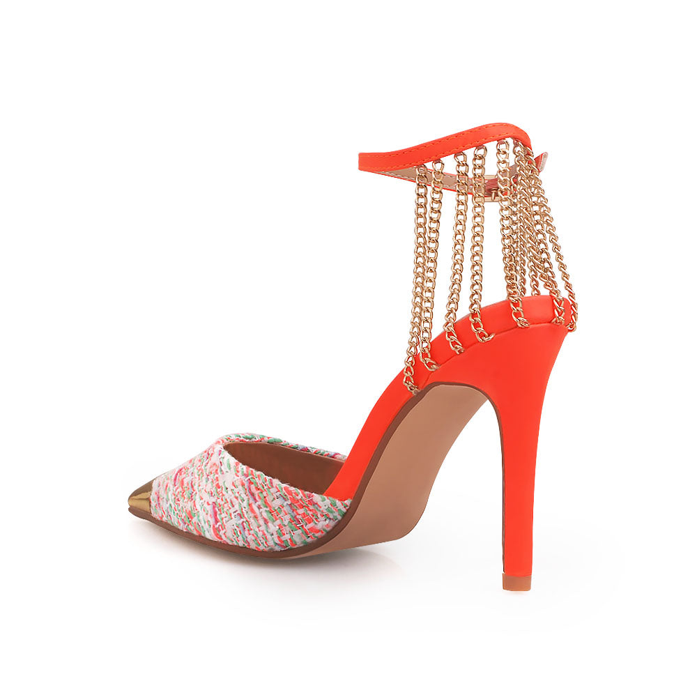 Coral stiletto heels with gold chain accents, multi-colored upper and ankle buckle closure - back view