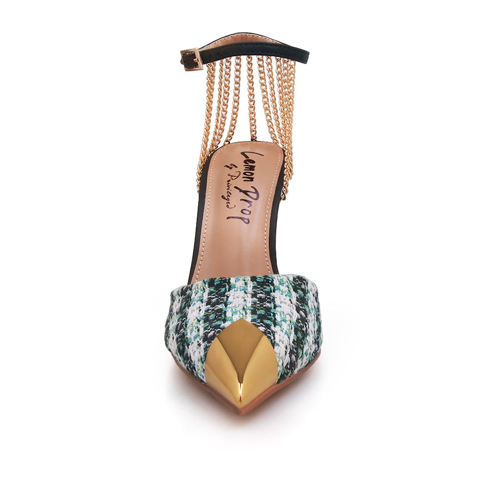 Green stiletto heels with gold chain accents, multi-colored upper and ankle buckle closure - front view