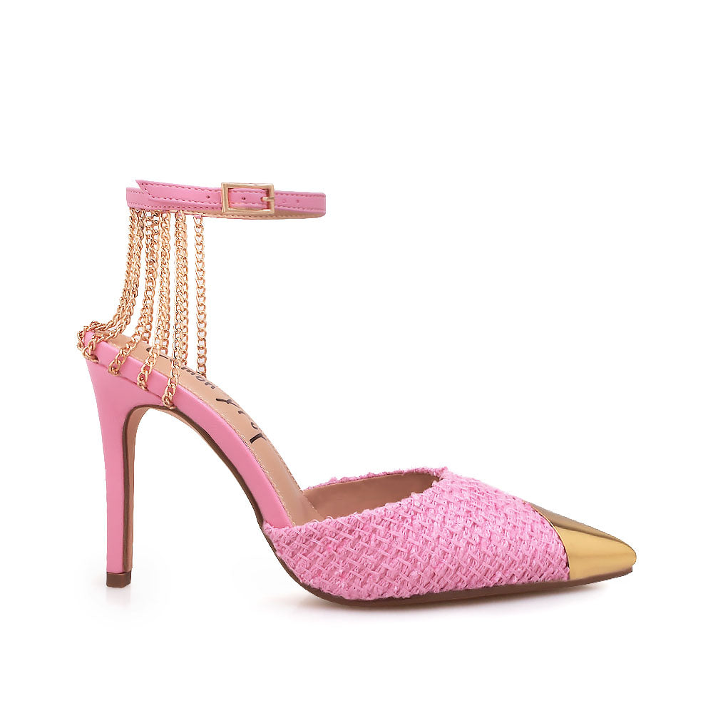 Pink stiletto heels with golden chain accent and ankle buckle closure - side view