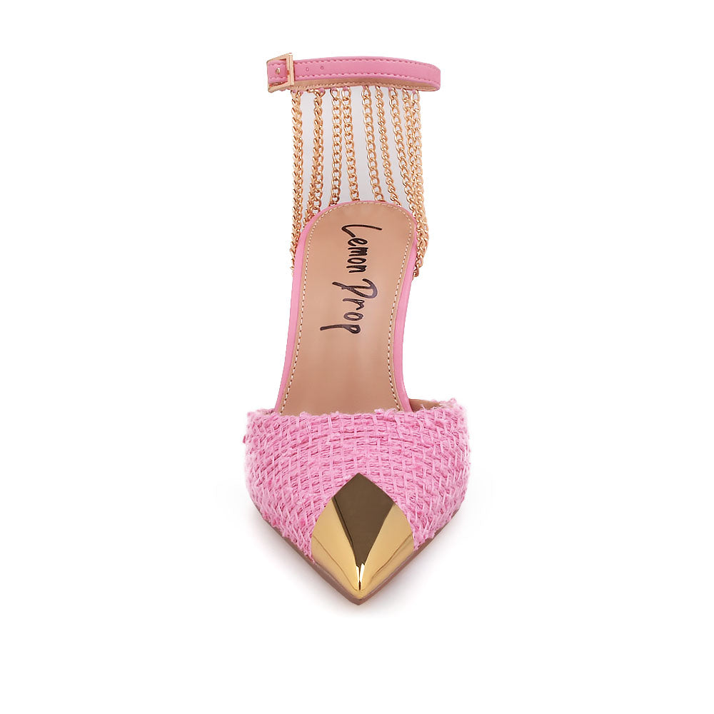 Pink stiletto heels with golden chain accent and ankle buckle closure - front view