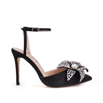 Black stiletto heel with flower pearl embellished upper and ankle strap closure - side view