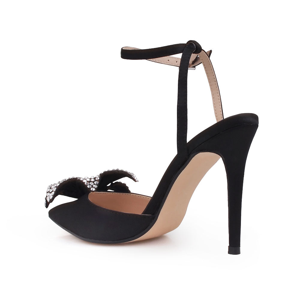 Black stiletto heel with flower pearl embellished upper and ankle strap closure - back view