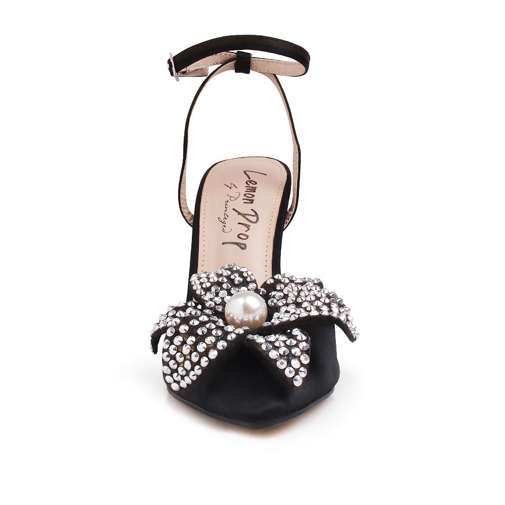 Black stiletto heel with flower pearl embellished upper and ankle strap closure - front view