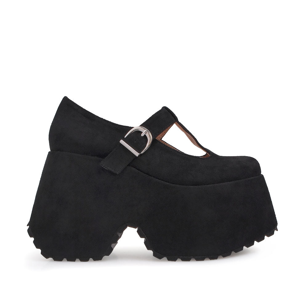 Black t-strap buckle platform heel - side view