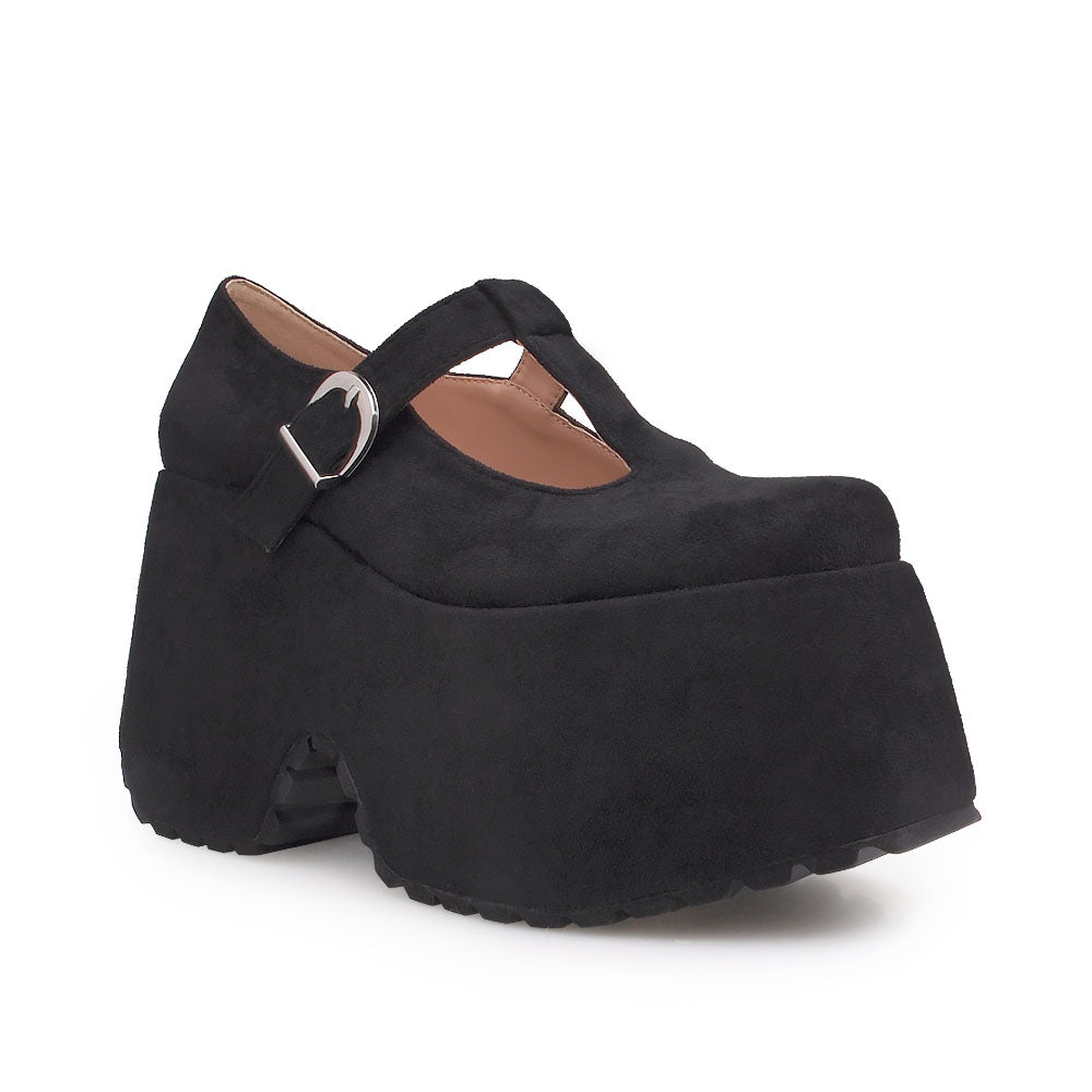 Black t-strap buckle platform heel - corner view