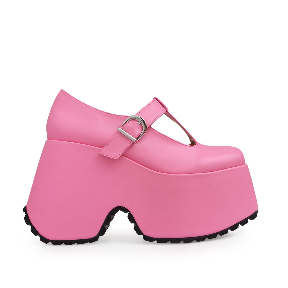 Pink t-strap buckle platform heel - side view