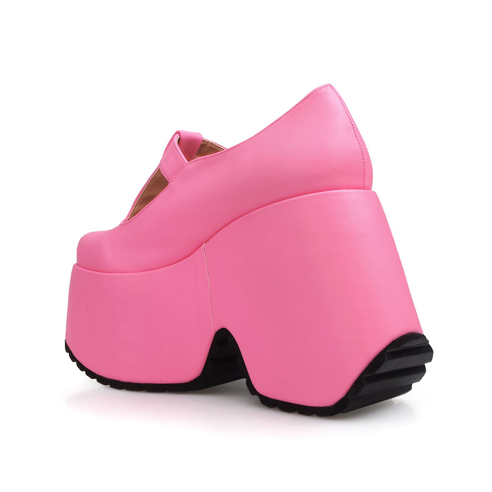 Pink t-strap buckle platform heel - back view