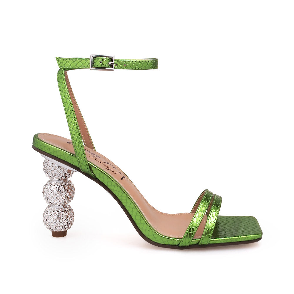 Silver crystal ball heel with green upper and ankle buckle closure - side view