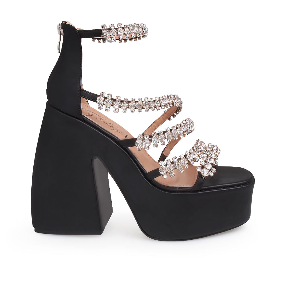 Black platform sandals with crystal embellished straps - side view