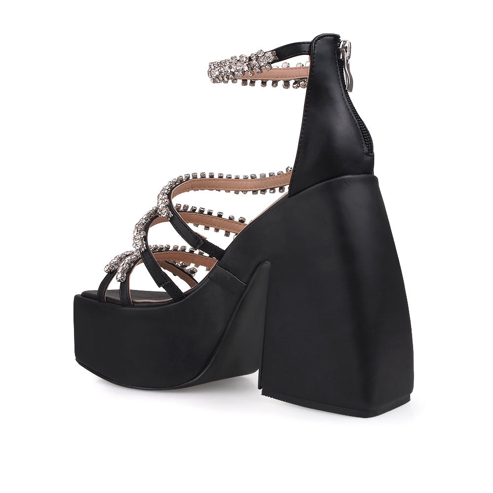 Black platform sandals with crystal embellished straps - back view