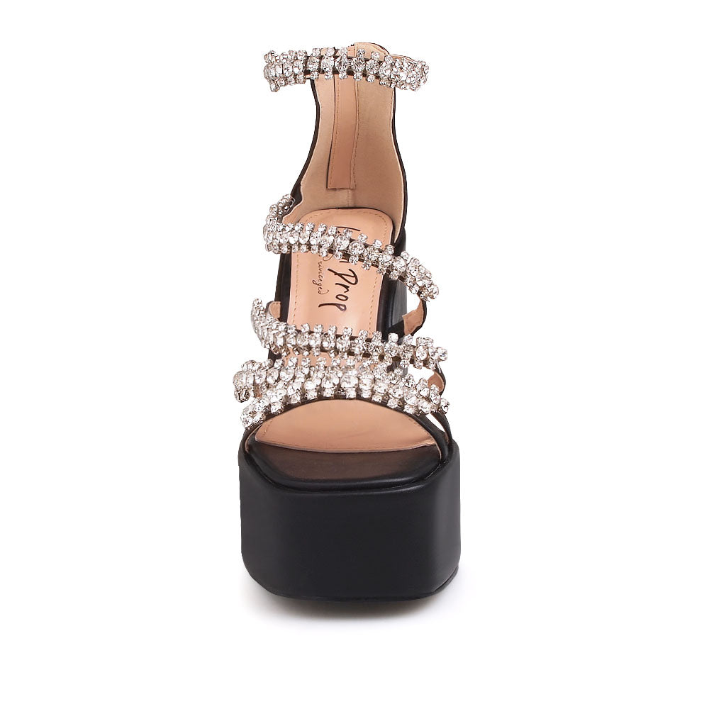 Black platform sandals with crystal embellished straps - front view