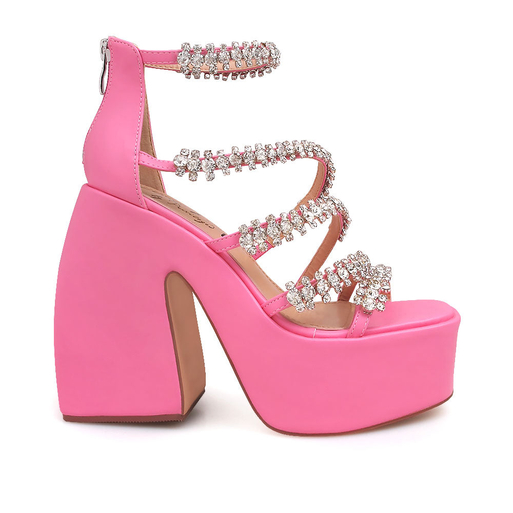 Pink platform sandals with crystal embellished straps - side view