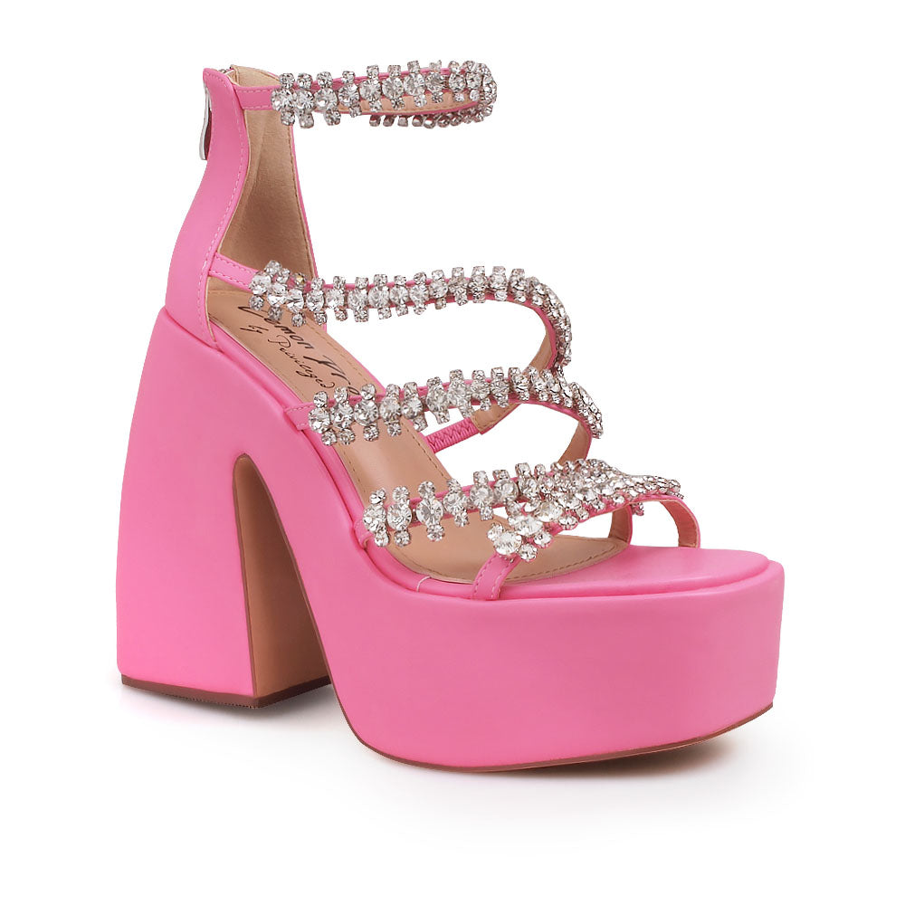 Pink platform sandals with crystal embellished straps - corner view