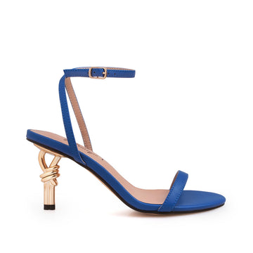 Golden Knot metallic heels with blue upper and ankle strap closure - side view