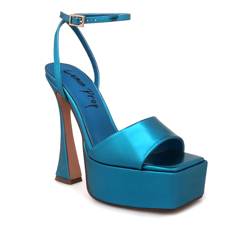 Turquoise platform heels with open toe and ankle buckle closure - corner view