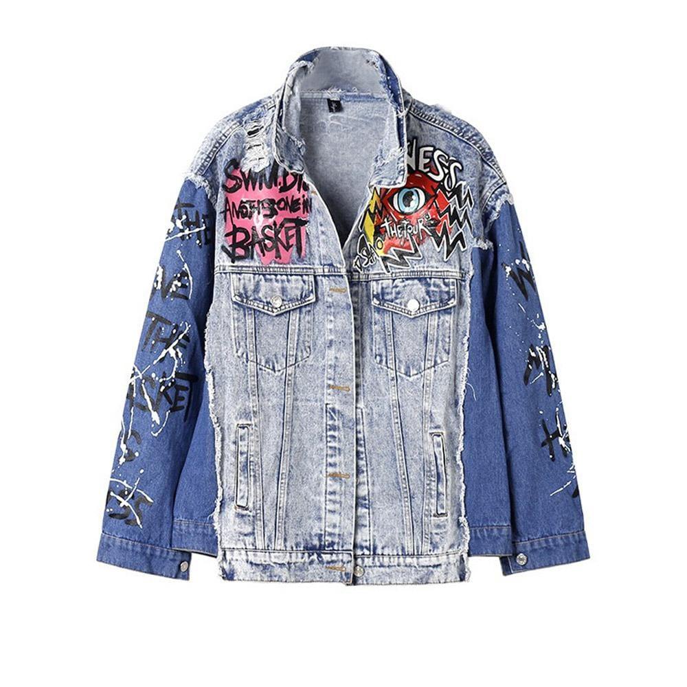 Graffiti graphic design women's jacket in blue-front view