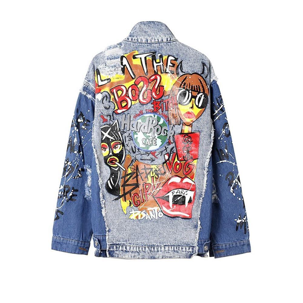 Graffiti graphic design women's jacket in blue-back view