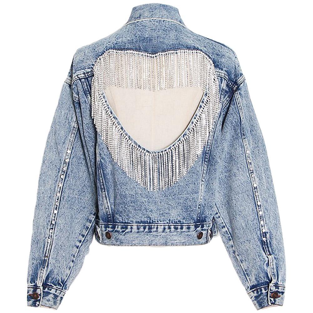 Blue denim women's jacket with heart shaped fringes