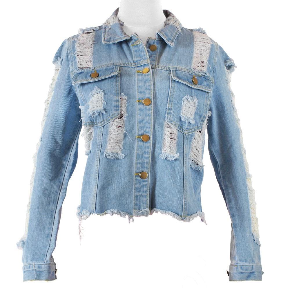 Blue shredded and distress sleeve denim women's jacket 