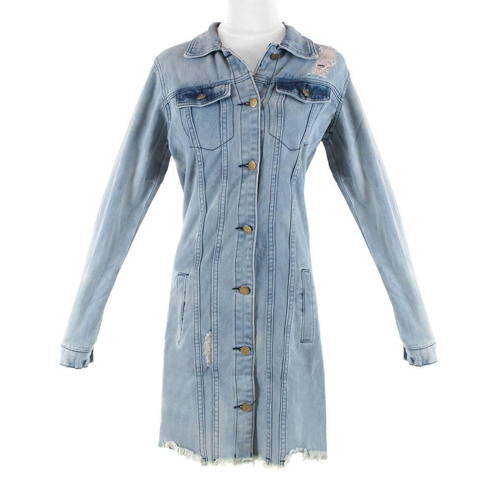 Long light blue denim jacket with collared neckline