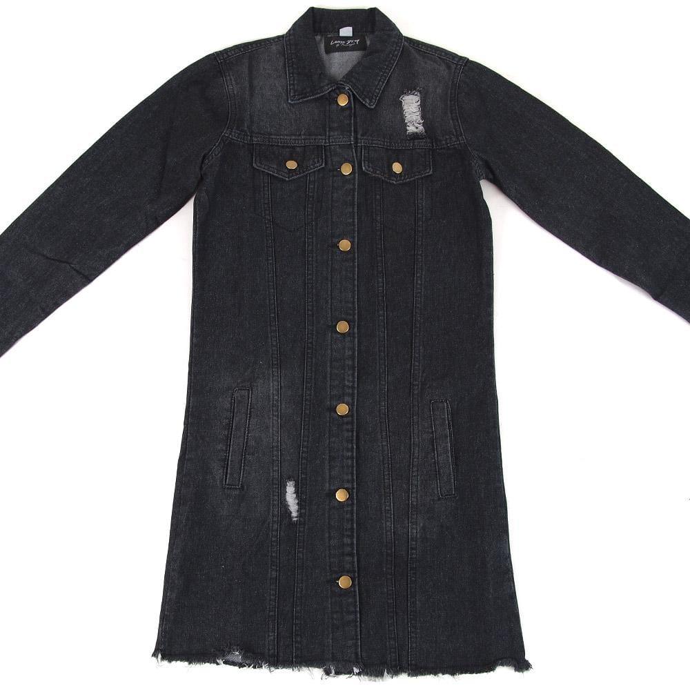 Long dark blue denim jacket with collared neckline